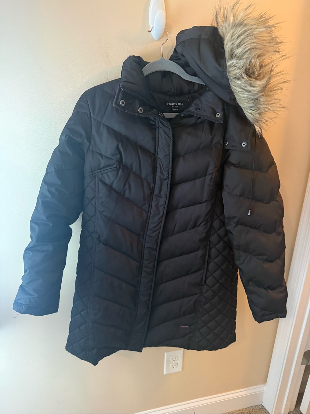 Kenneth Cole Black QUILTED PUFFER JACKET duck down the with hood size XL P
